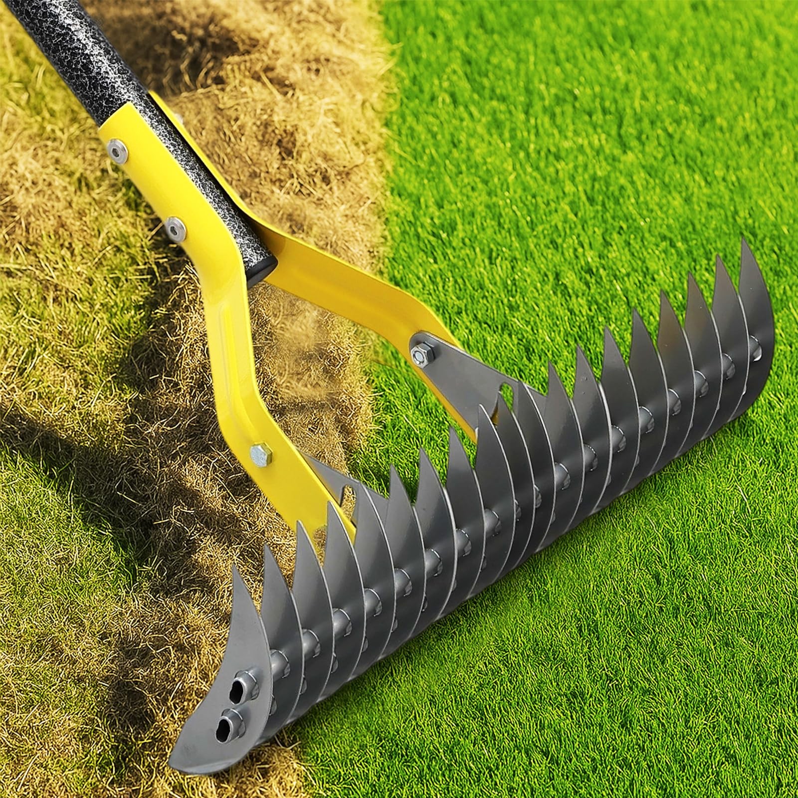 Dual-Action Thatch Rake for Lawn - Efficient 15" Thatching with Yellow