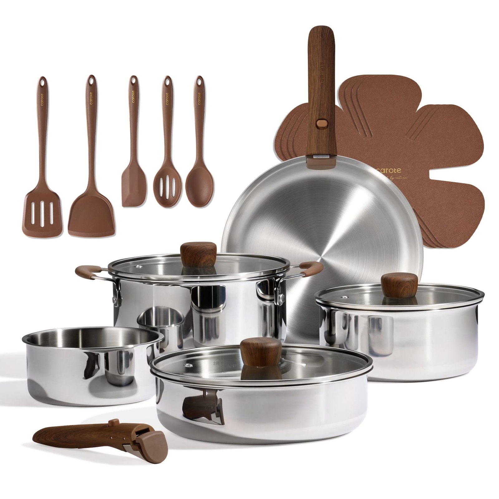 CAROTE 19pcs Stainless Steel Cookware Set with Detachable 19 PCS, Silver