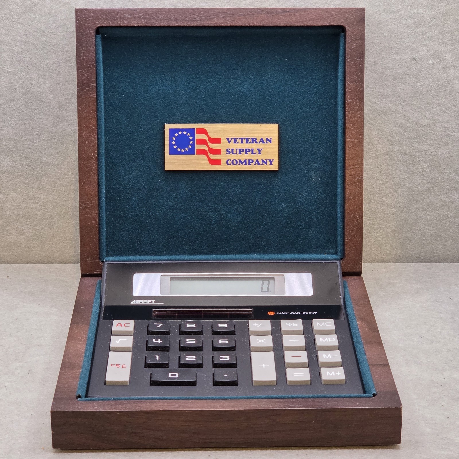 Vtg Alcraft Calculator In Wood Box Solar Dual Power Veteran Supply Co Initals PS