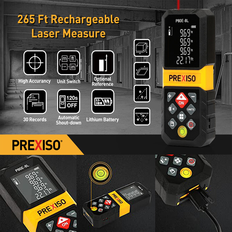 PREXISO 265Ft Rechargeable Laser Measure w/Multi-Measurement Units M/in/Ft steel
