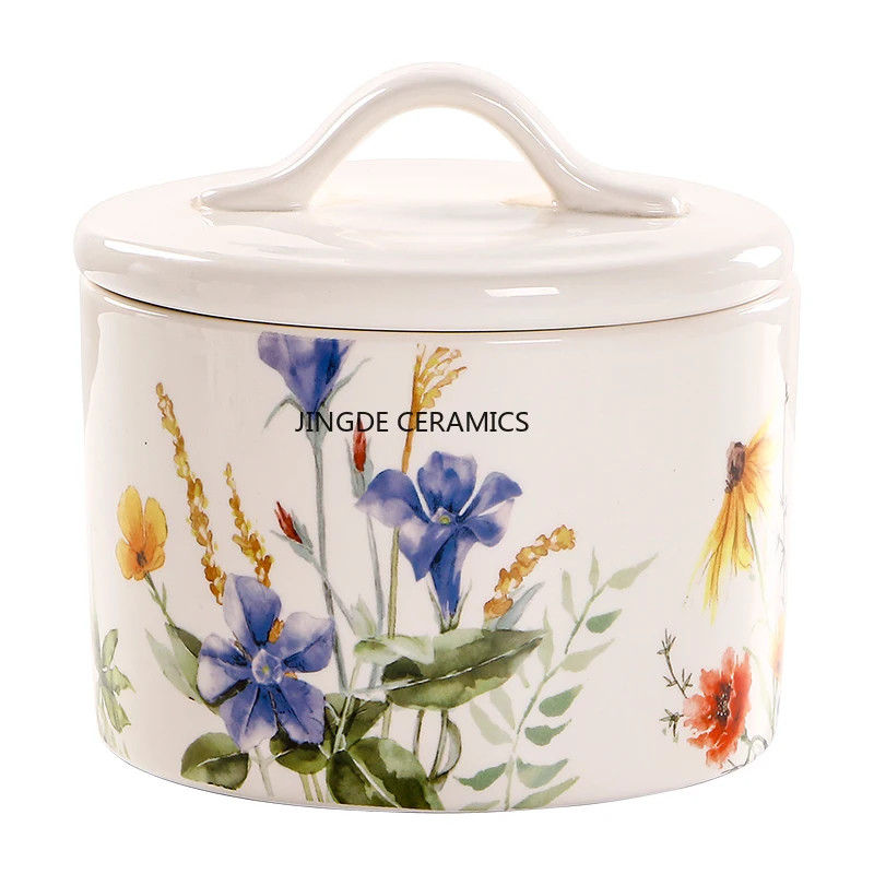 1pc Ceramic Sealed Jar Snack and Miscellaneous Grain Storage Cans Flower Pattern