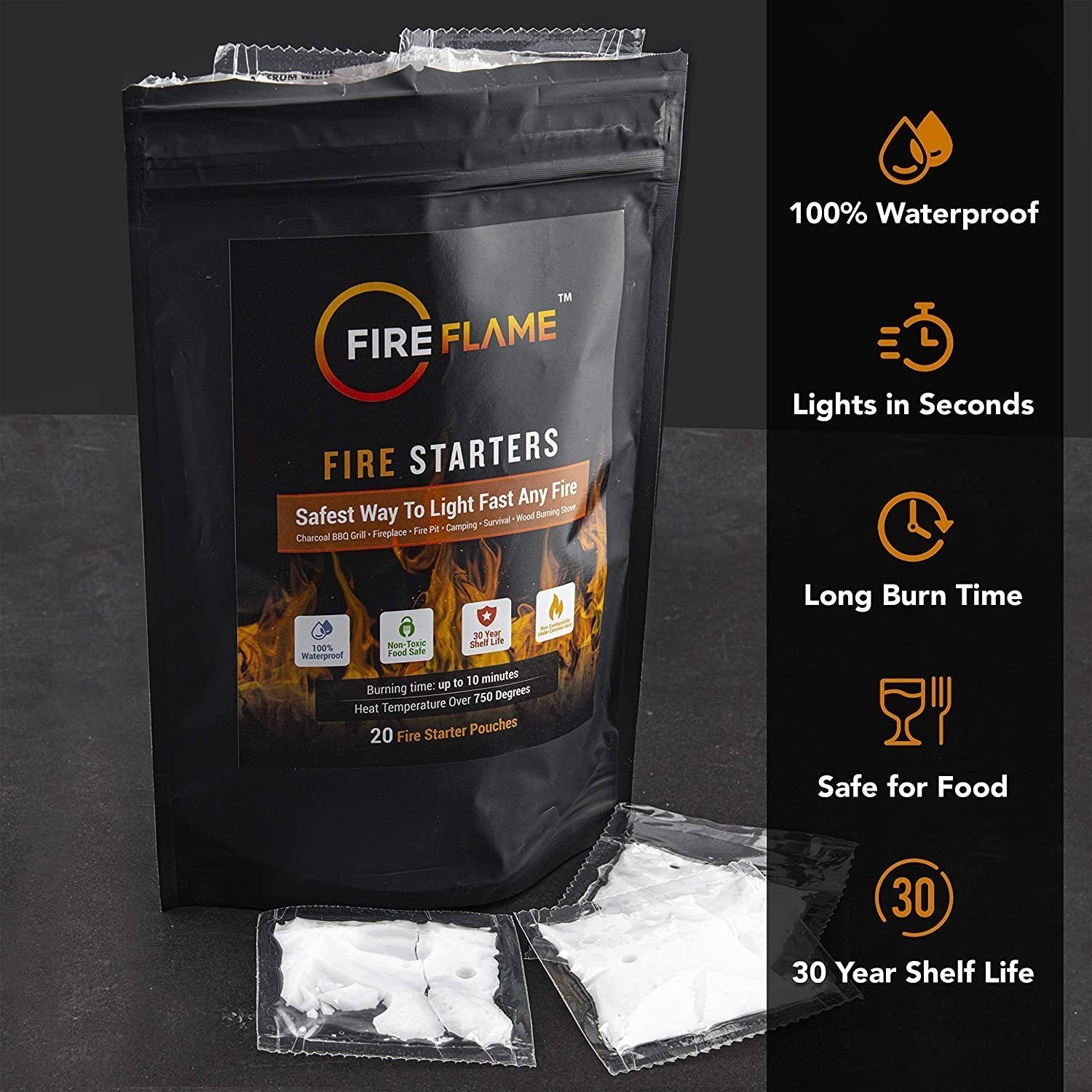Fireflame Quick Instant Fire Starter - 100% Waterproof Indoor & Outdoor, 40 Pack