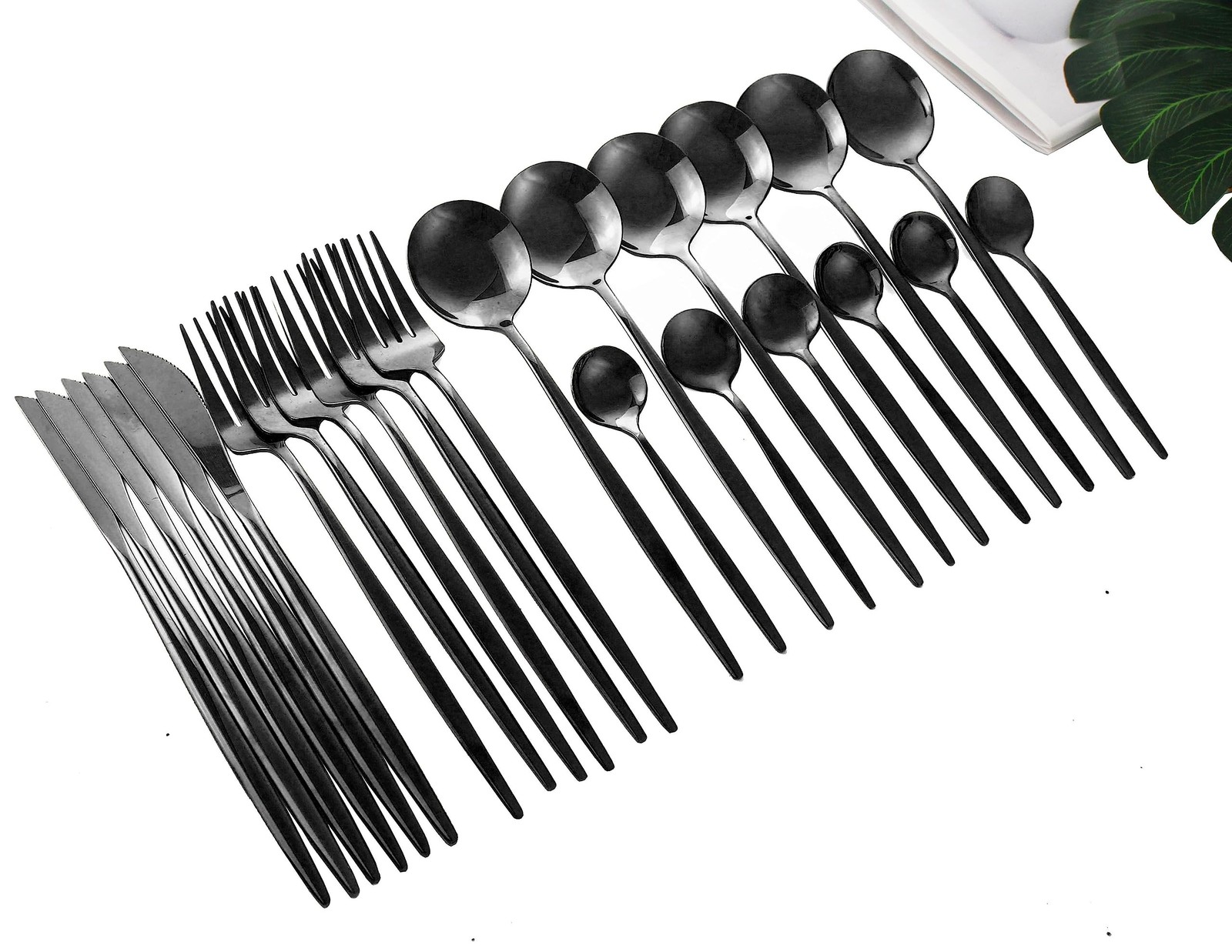 24-Piece Black Silverware Set for 6 Korean Mirror Polished Stainless Steel Cu...
