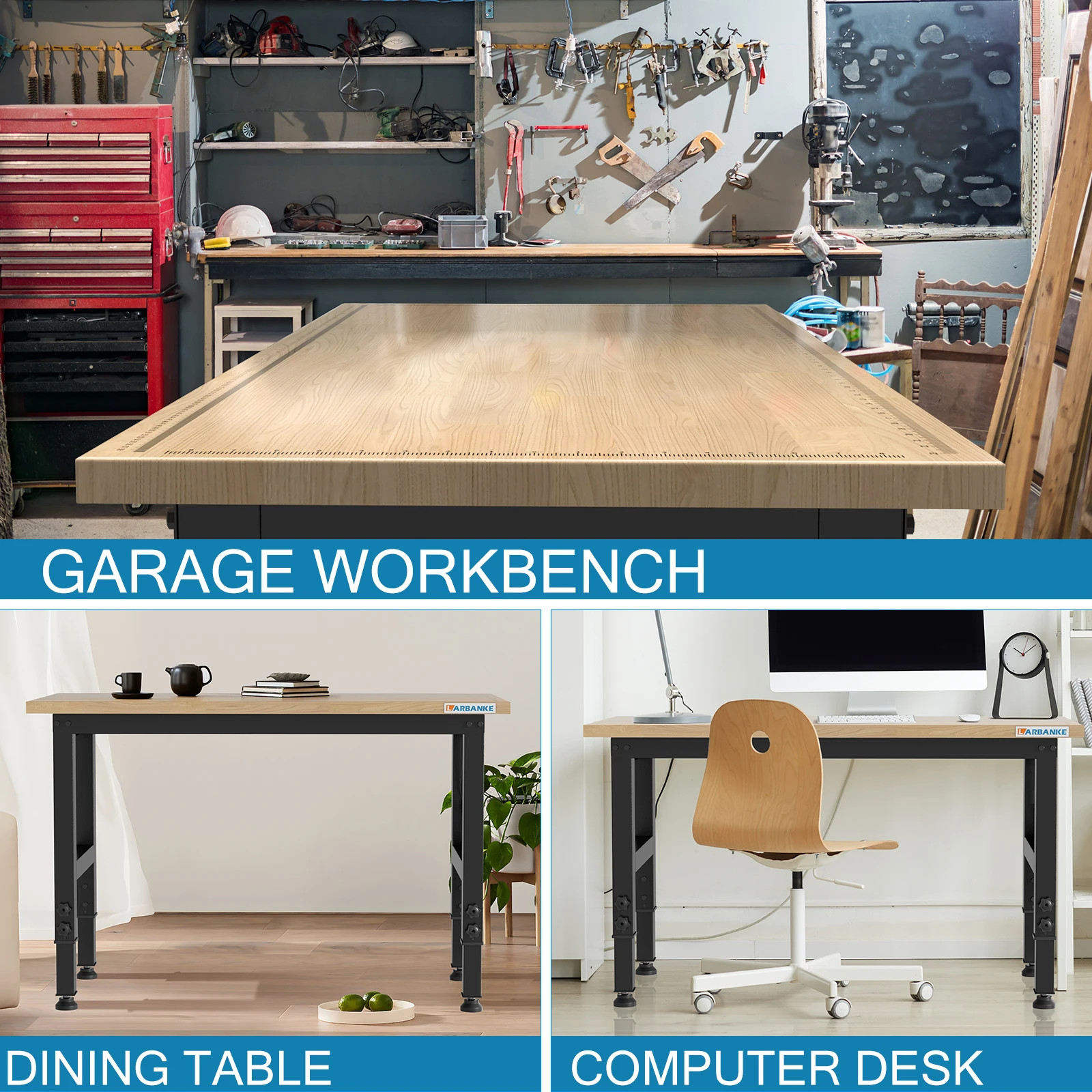 48" Adjustable Workbench with Wheels,Heavy-Duty Rubber Wood Worktable & Outlets