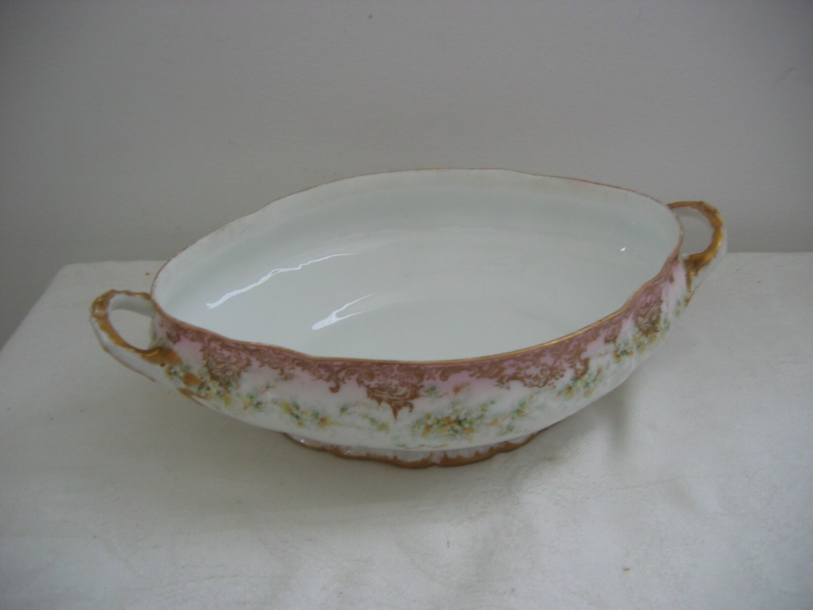 Antique THEODORE HAVILAND Deep Handled Oval Dish Flowers Pink Green Gold