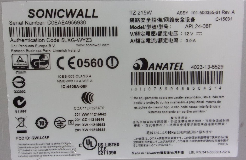 SonicWall TZ 215W APL24-08F Firewall Network Security Appliance SEE NOTES