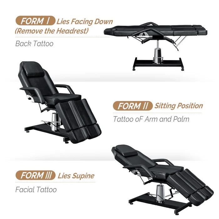 Facial Massage Tattoo Bed Height Adjustable with 2 Adjustable Split Legs Black