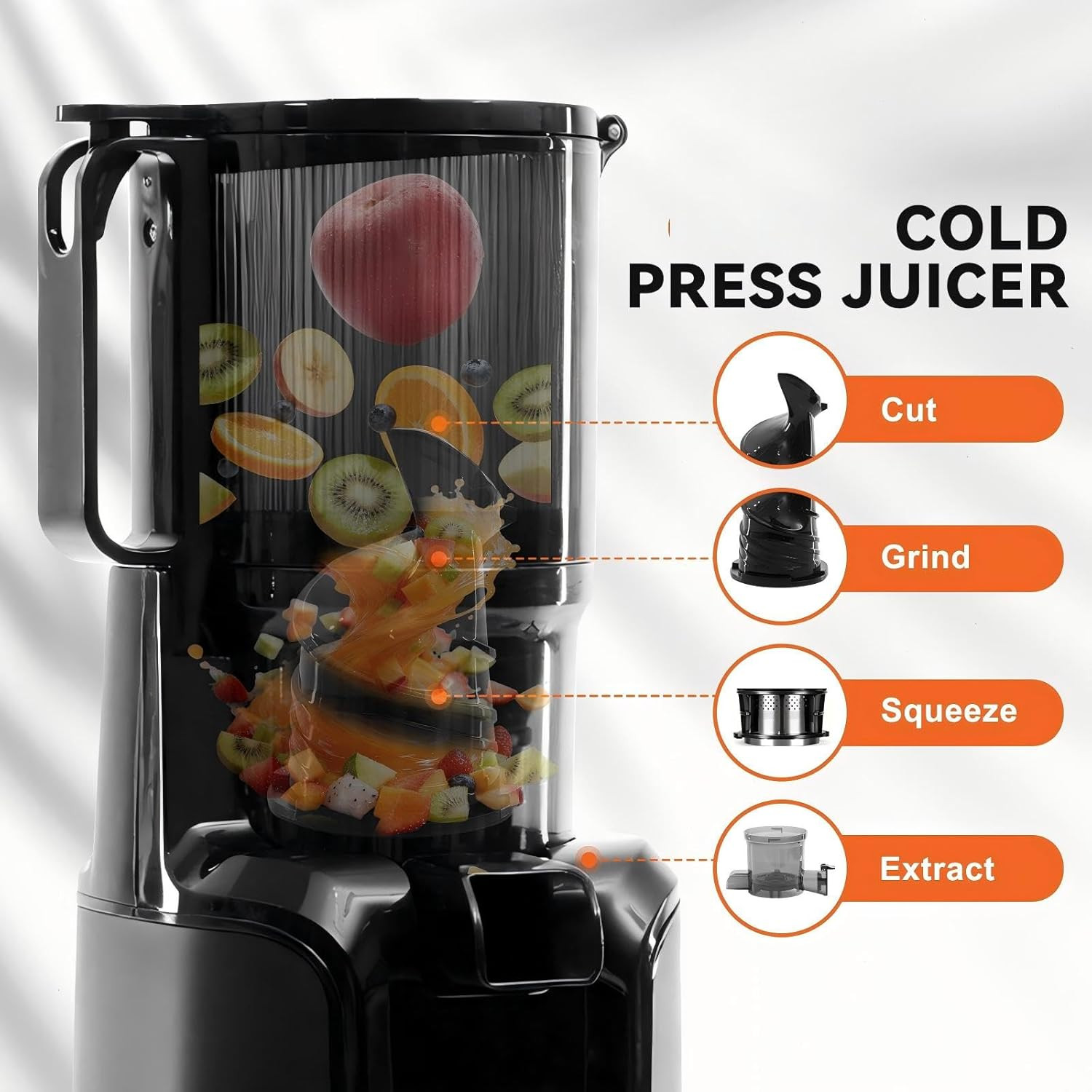 Cold Press Juicer Machines, Masticating Juicer with High Juice Yield, Reverse Fu