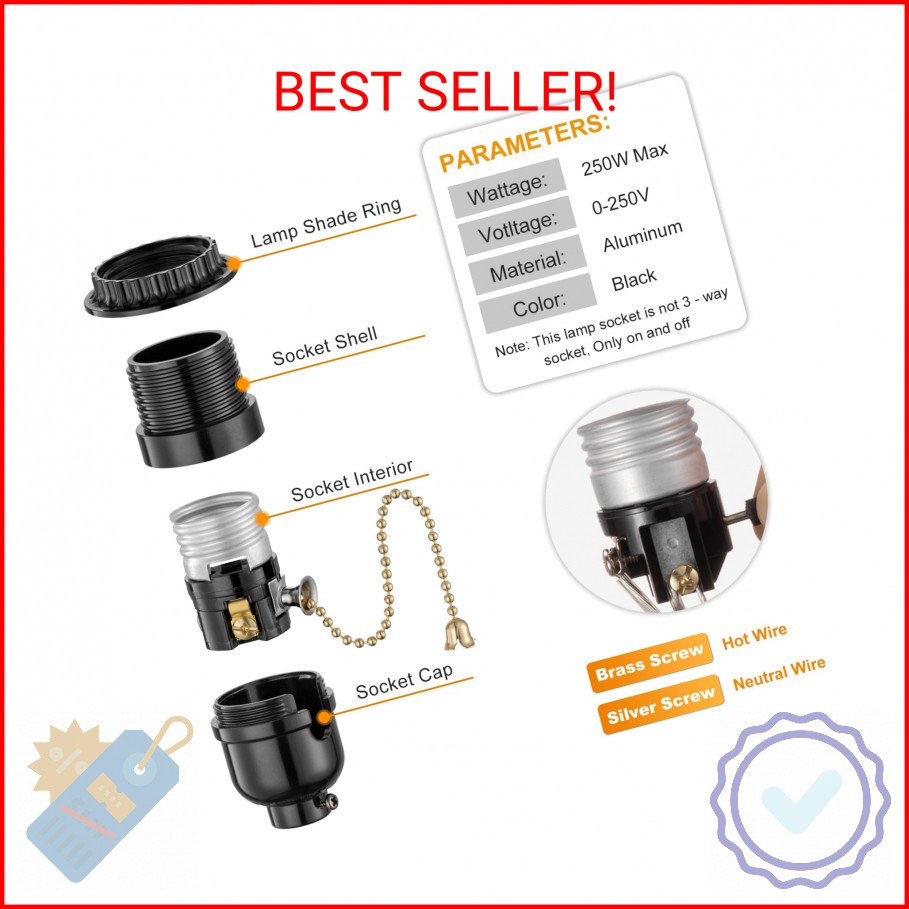 Pull Chain Light Bulb Socket With Shade Ring, E26 Replacement With ON/Off Switch
