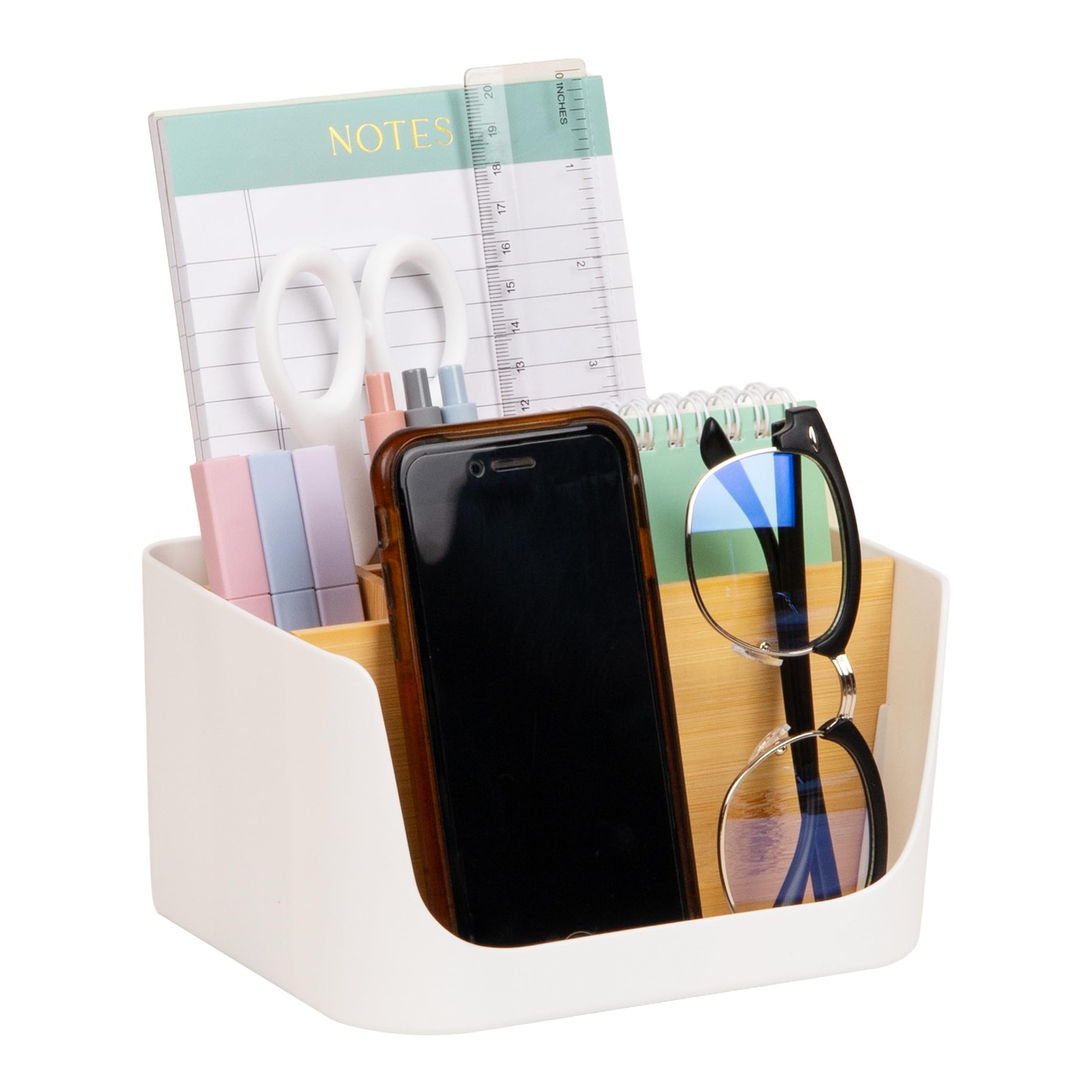 White 5Compartment Desktop Organizer Adjustable Caddy Plastic Wood Storage
