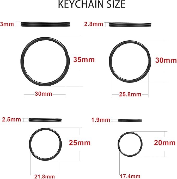40 Pack Key Ring Keychain Mix 4 Sizes Black Metal Flat Split Key Chains Rings