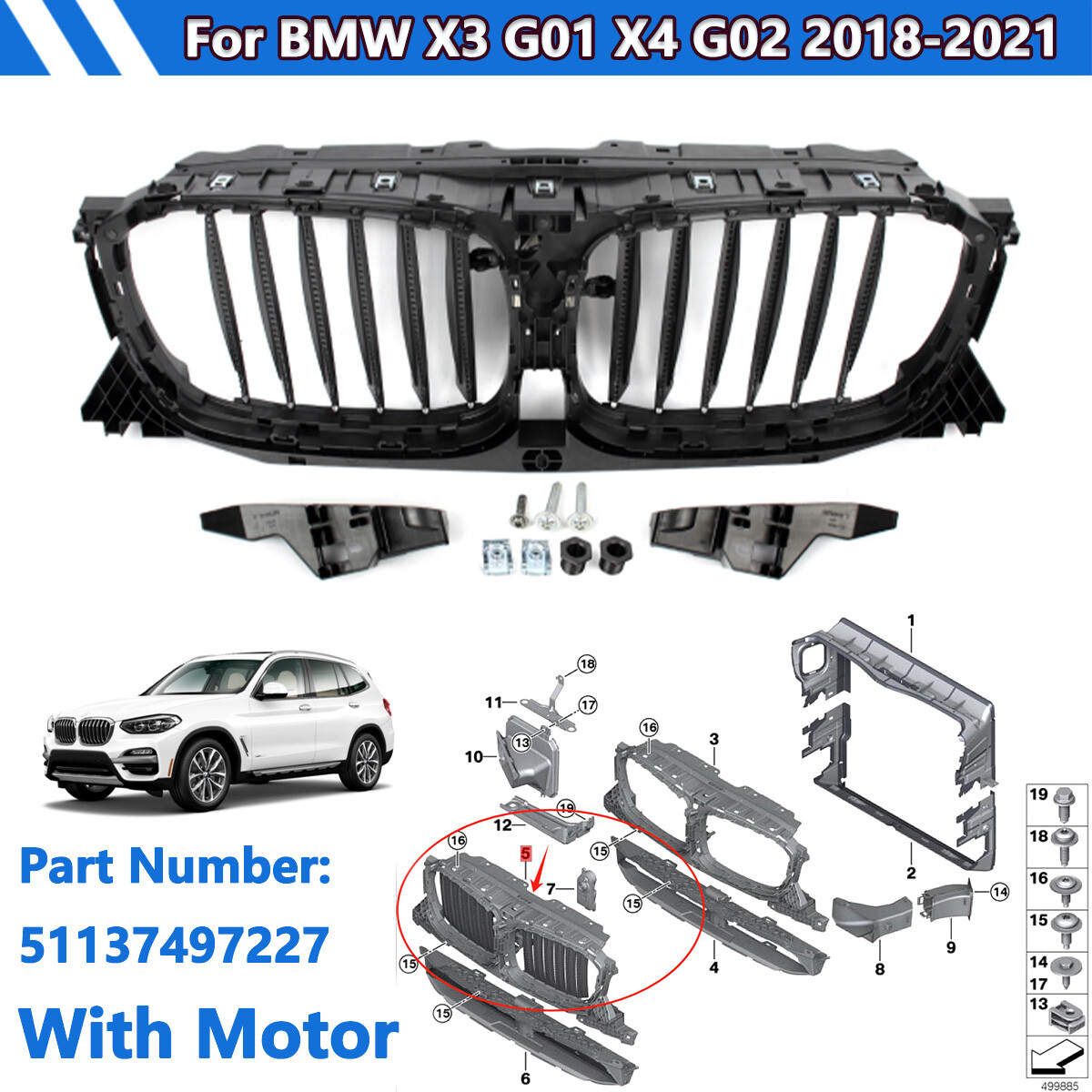 W/Motor Radiator Grill Air Shutter 51137497227 For BMW X3 G01 X4 G02 2018-2021