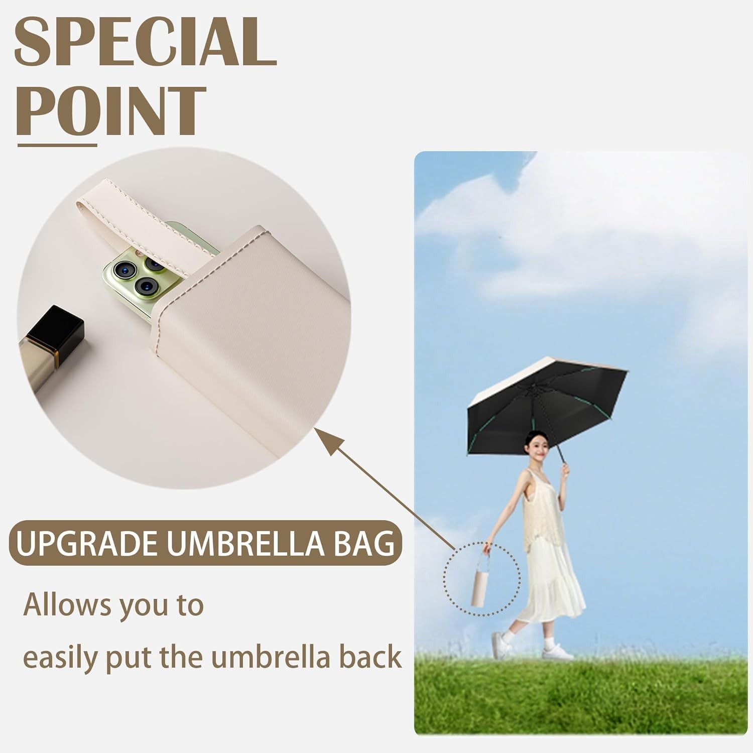 Mini Folding Travel Umbrella with Built-in Hidden Telescoping Handle,Teflon C...