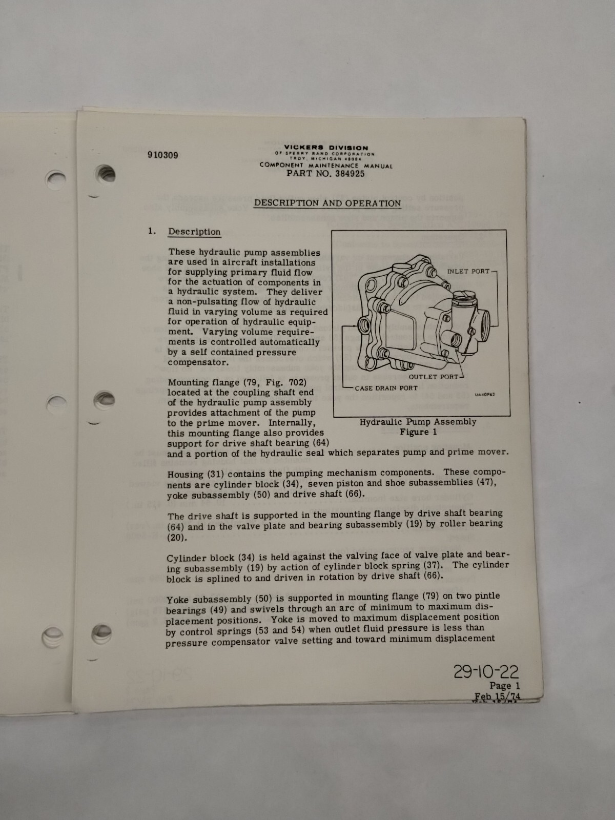 Sperry Vickers Variable Displacement Hydraulic Pump Assembly Maintenance Parts