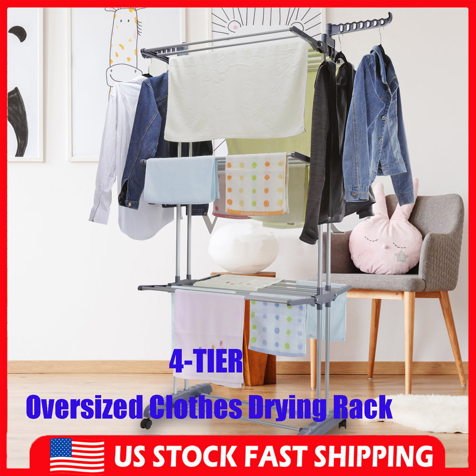 innotic Clothes Drying Rack Stainless Steel Oversized 4-Tier Collapsible Roll