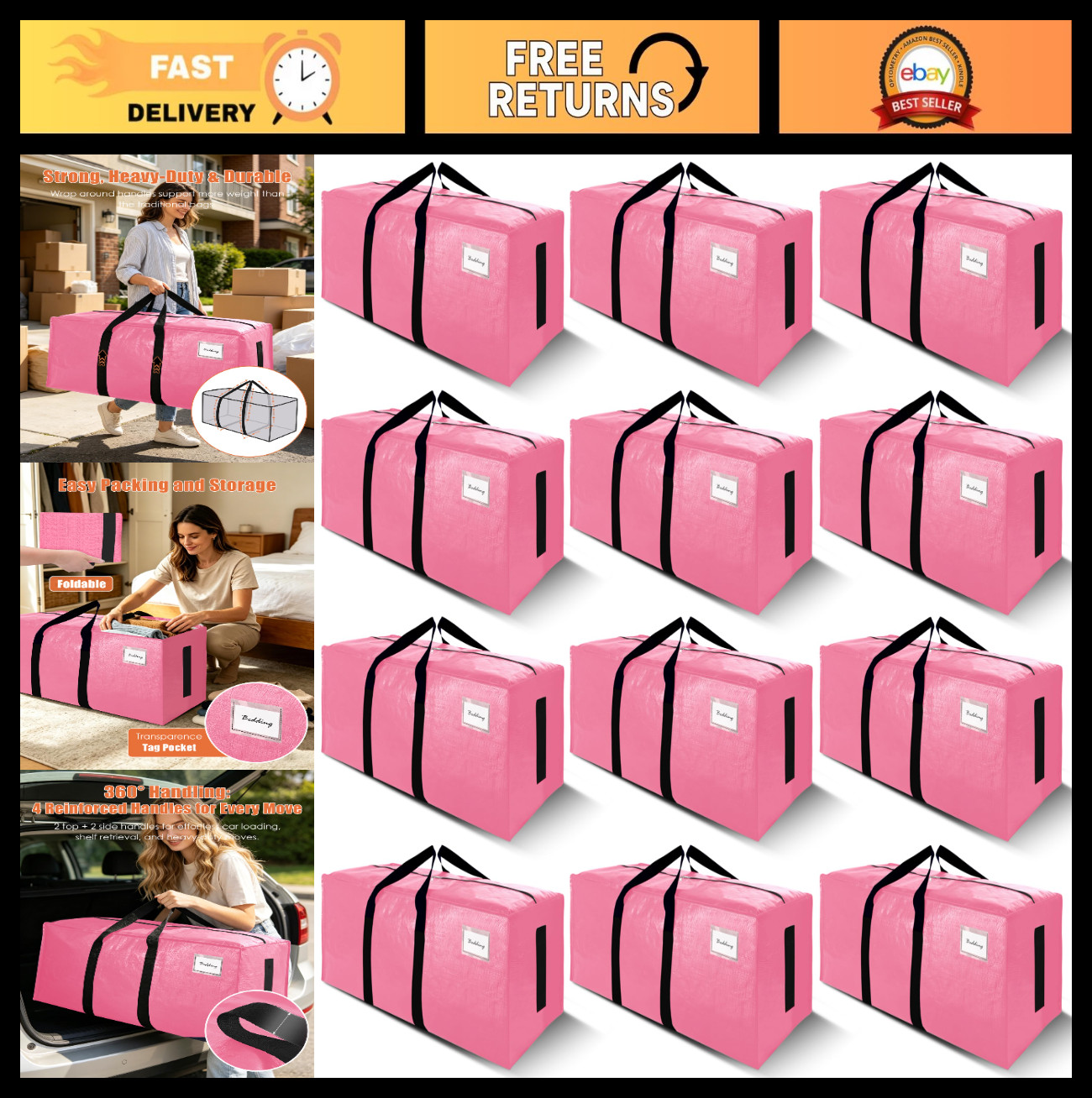 12 Pack Heavy-Duty Moving Bags - Extra Large Storage Totes with Wrap-Around Hand