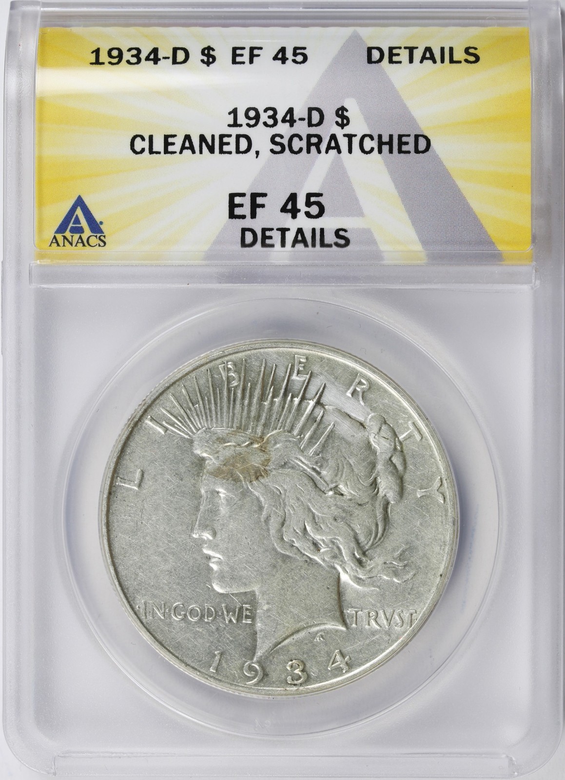 1934-D $1 Peace Silver Dollar ANACS EF45 Details Cleaned & Scratched