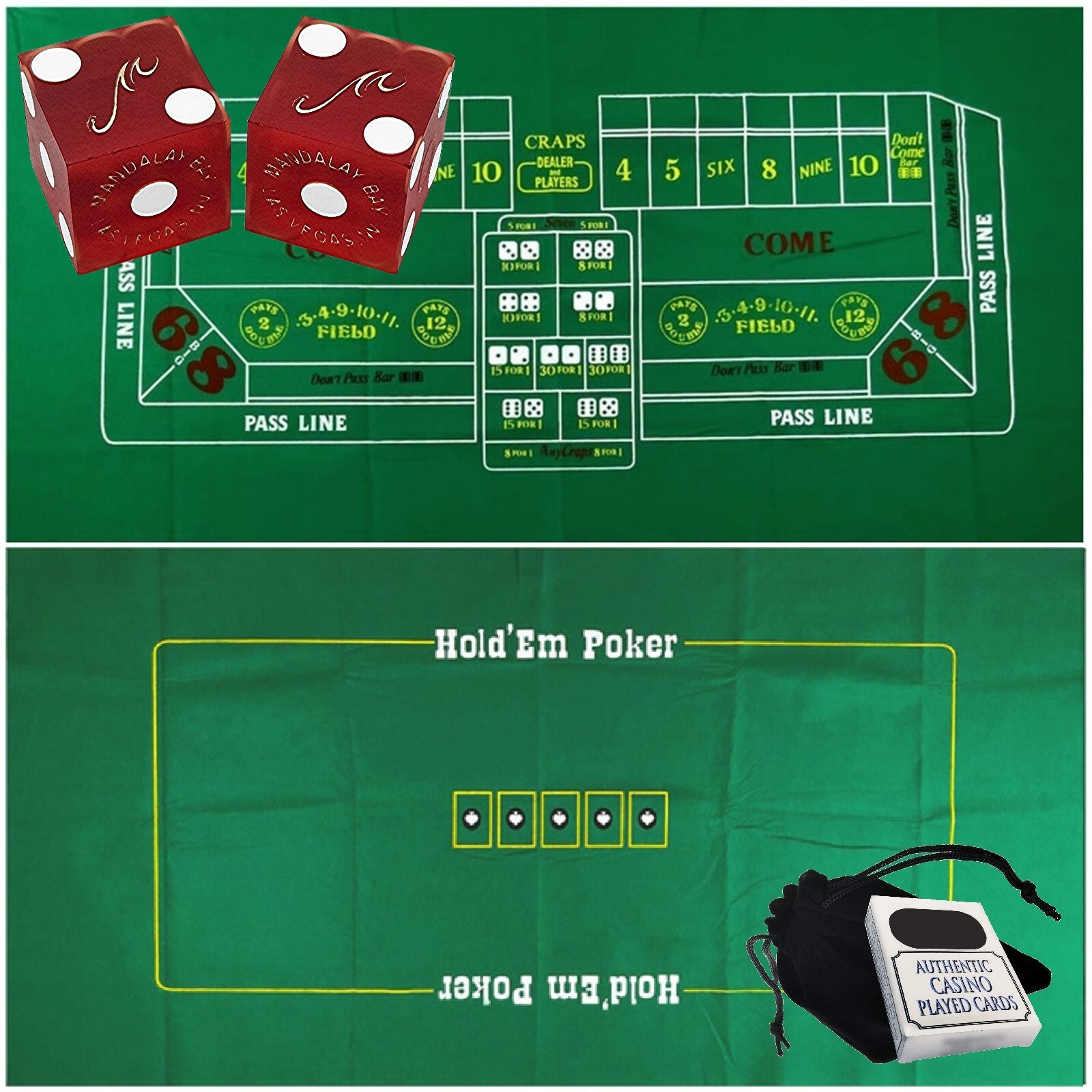 Mandalay Bay Casino Dice Red Frosted + Las Vegas Cards + Craps Poker Layout