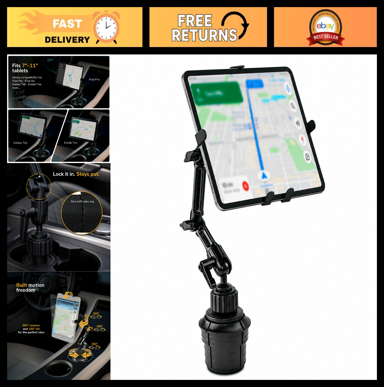 Premium Cup Holder Tablet Mount for 7"-11" Tablets, Fits 2.75"-3.5" Cupholders,