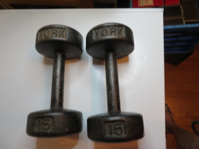 Pair of Vintage York Barbell Flat Back 15 Lb Dumbbells Made in USA