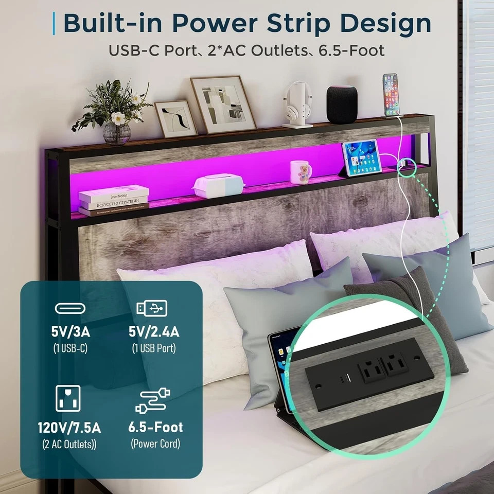 Full Queen King Bed Frame with Storage Headboard ,Charging Station & LED Lights
