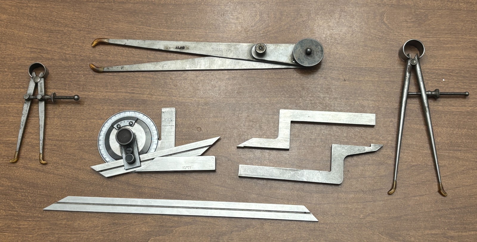 Vis Made in Poland Protractor + Starrett Compass lot Machinist Gages Measurement