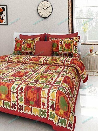 Jaipuri Multi Printed Cotton Double Bed Sheet With 2 Pillow Cover 90x100