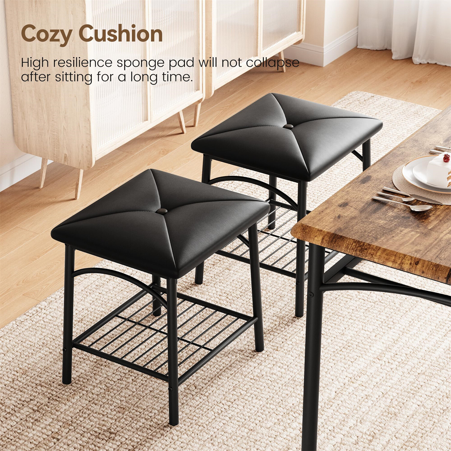 ✔️4pcs Kitchen Table Set with Upholstered Bench and Square Stools Dining Table S