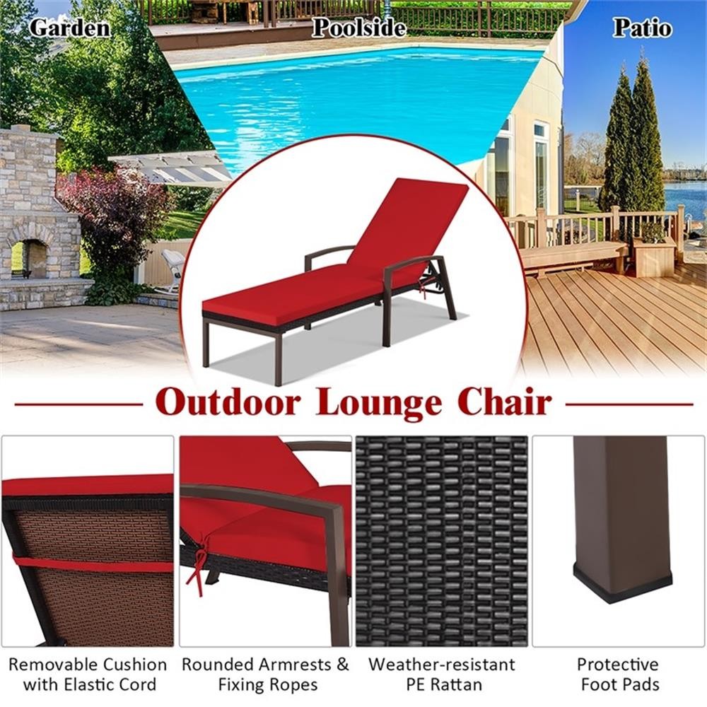 Pemberly Row Patio Rattan Lounge Chair Chaise Back Adjustable Red