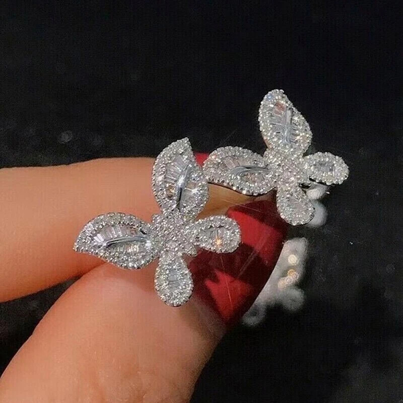 2Ct Lab Created Baguette Butterfly Stud Earring 14K White Gold Silver Plated