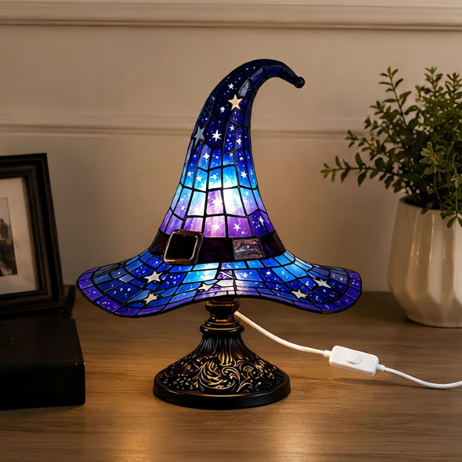 Stained Resin Witch Hat Lamp,USB Powered Gothic Wizard Hats Night Light