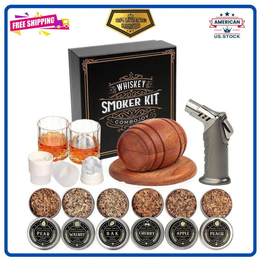 Whiskey Smoker Kit with Torch 6 Wood Chips 2 Glasses and Ice Molds Gift Set