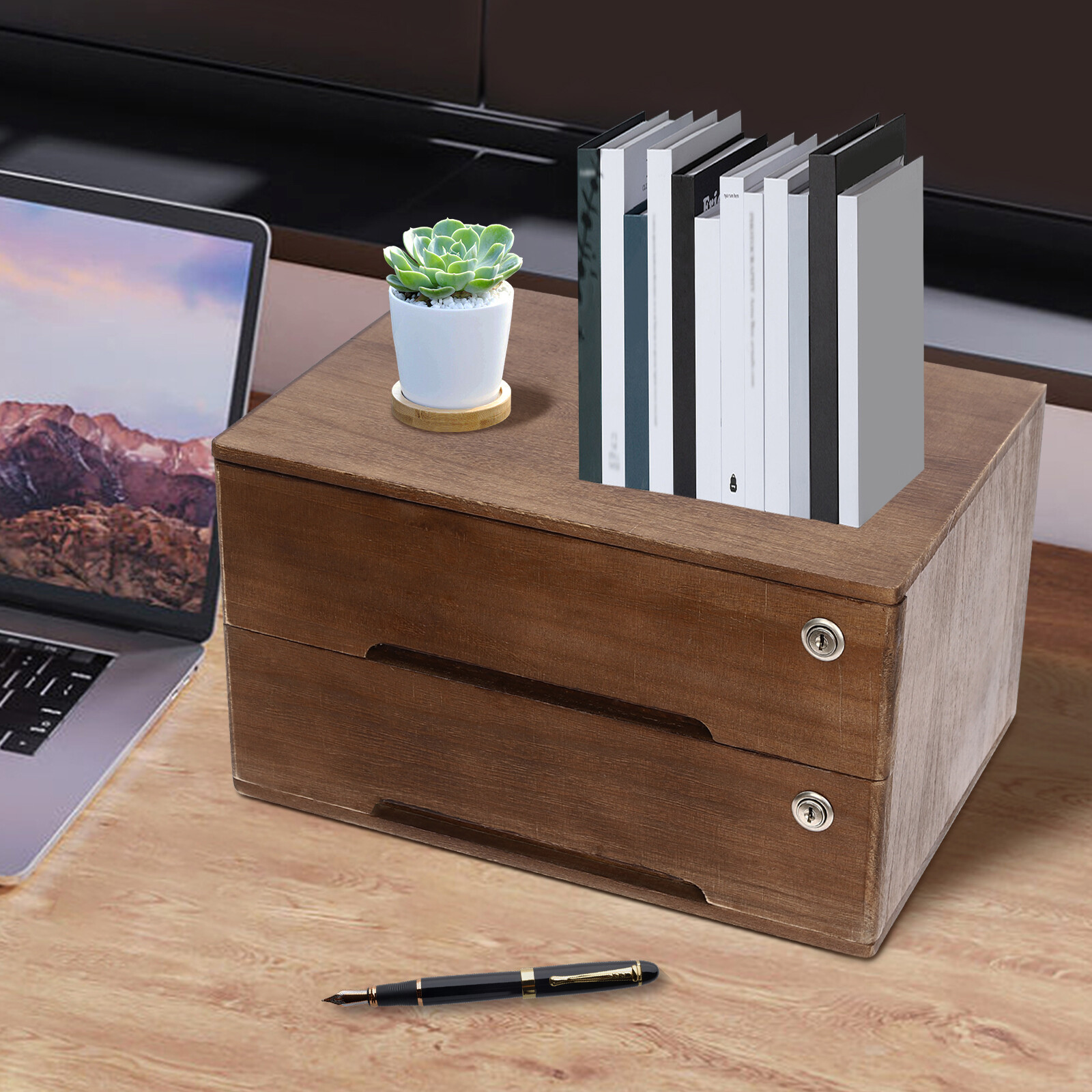 2 Tiers Walnut Wooden Desktop Storage Box With Lockable Drawers Storage Cabinet