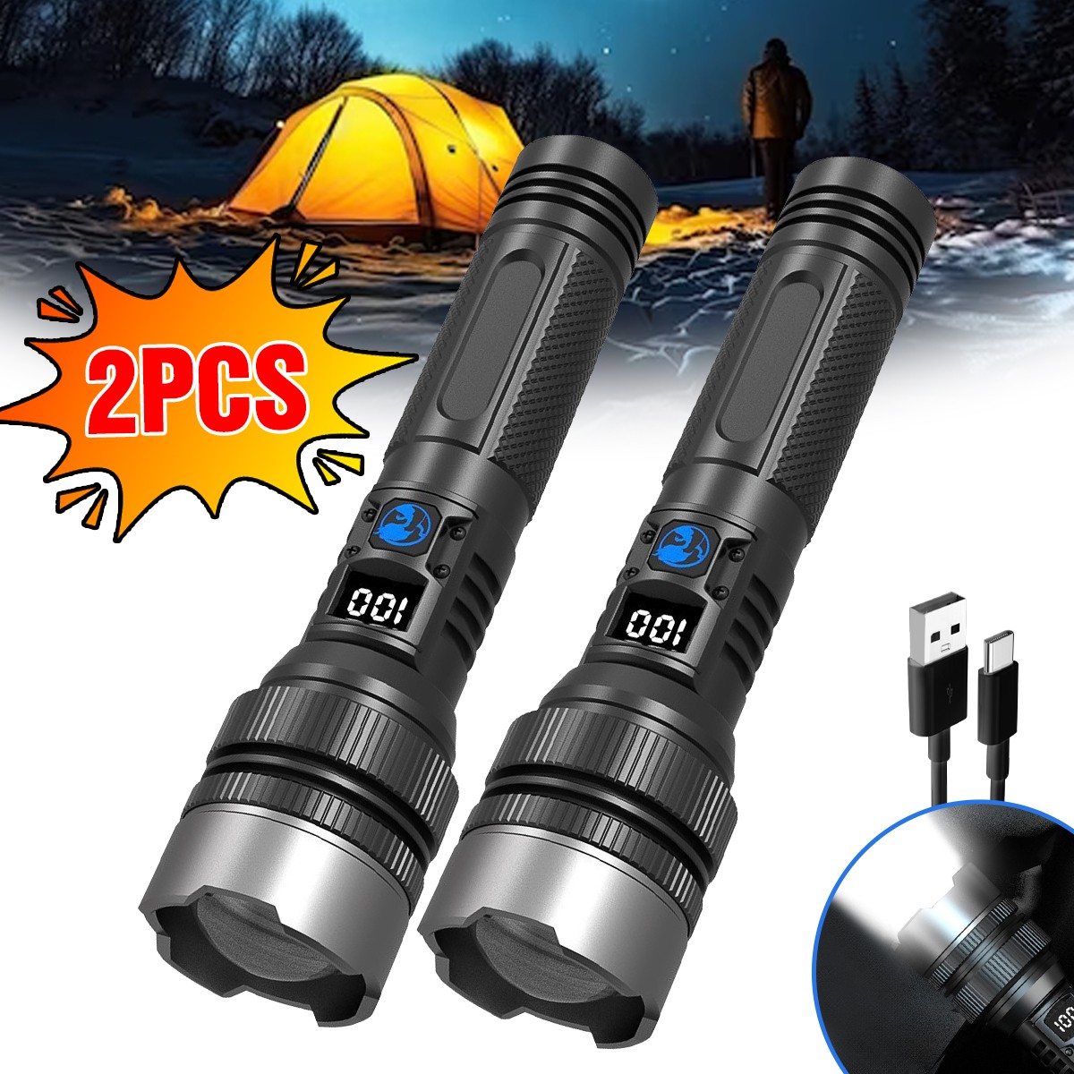 2x 99000000LM LED Flashlight Rechargeable Tactical Super Bright Torch Work Light