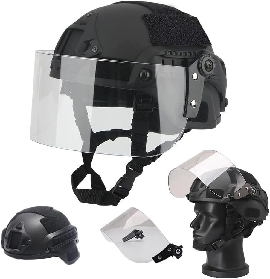 Tactical MICH 2000 Fast Helmet with Clear Riot Visor Face Shield Sliding Gogg...