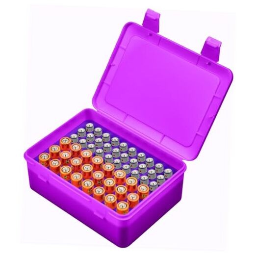 Battery Organizer Storage Box, Garage Case Holder for 24* AA, 30* AAA purple