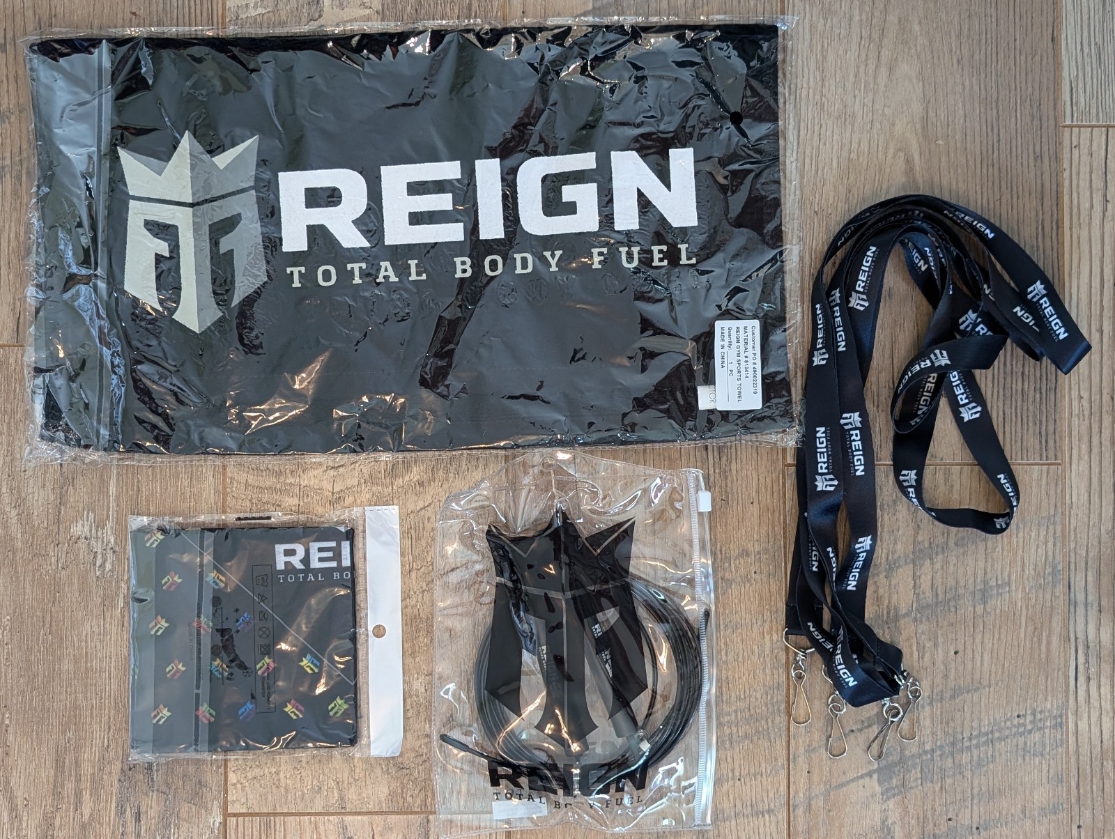 REIGN Total Body Fuel New Gym Towel - Jump Rope - Head wrap - 4 Lanyard Lot