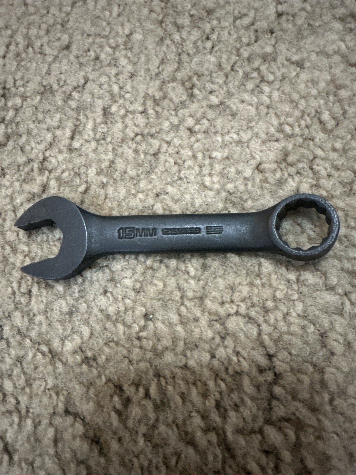 Proto Combination Wrench J1215MESB, 15mm, 12-point Box End, Stubby, Black Oxide