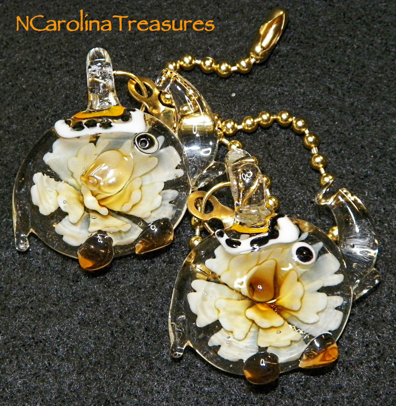ART GLASS CEILING FAN LIGHT SWITCH PULL YELLOW FLORAL CIRCUS ELEPHANT LARGE PAIR