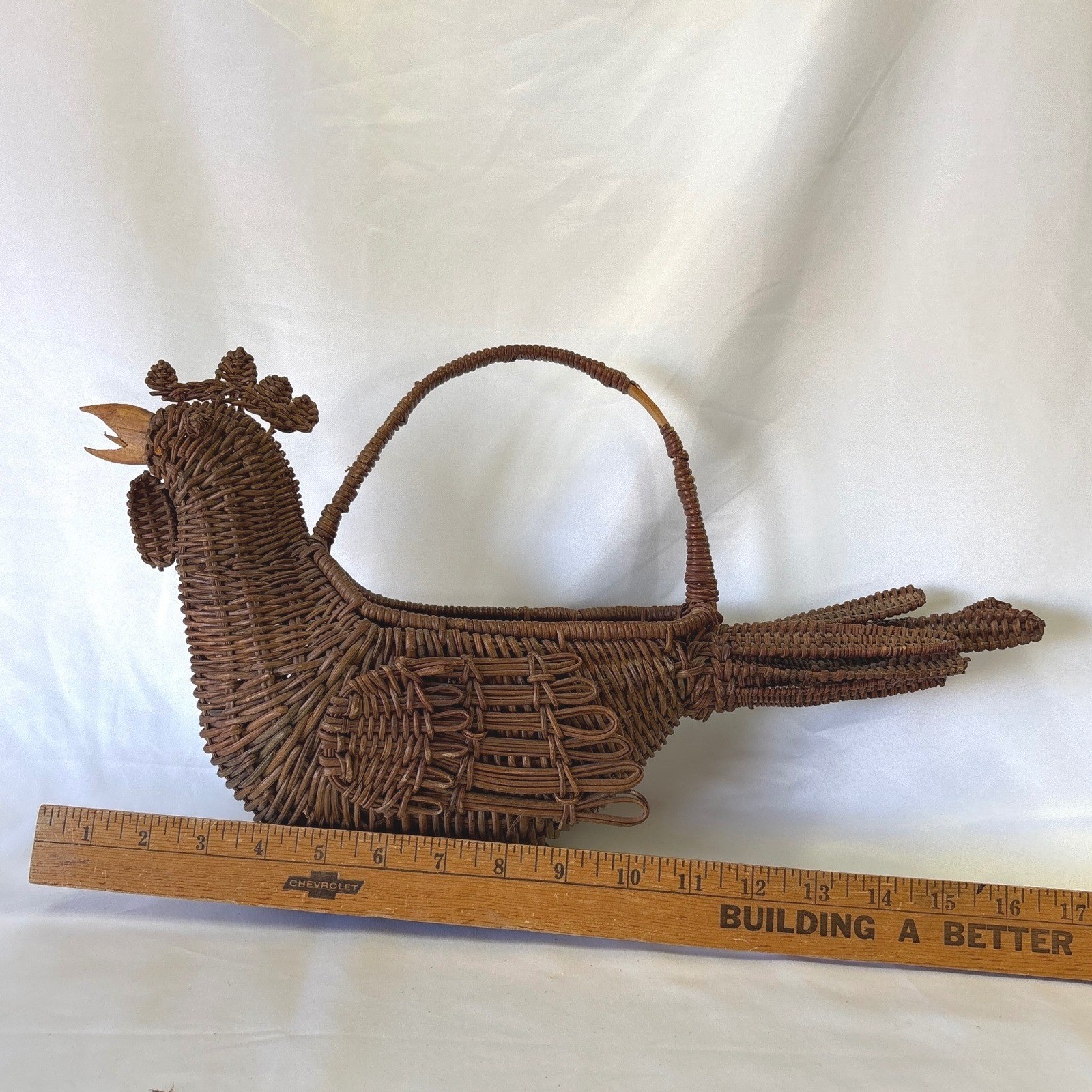 Vintage Wicker Rooster Basket Woven Rattan Chicken Farmhouse Decor Brown