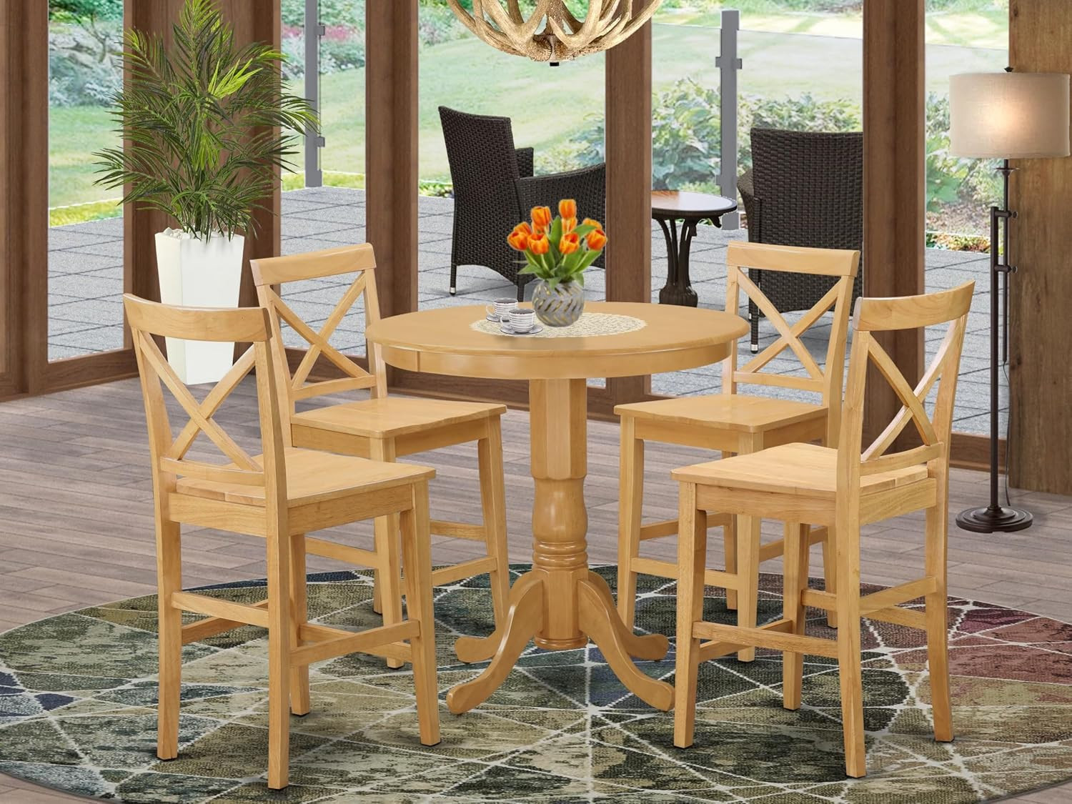 JAPB5-OAK-W 5 Piece Counter Height Dining Table Set Includes a round Kitchen Tab