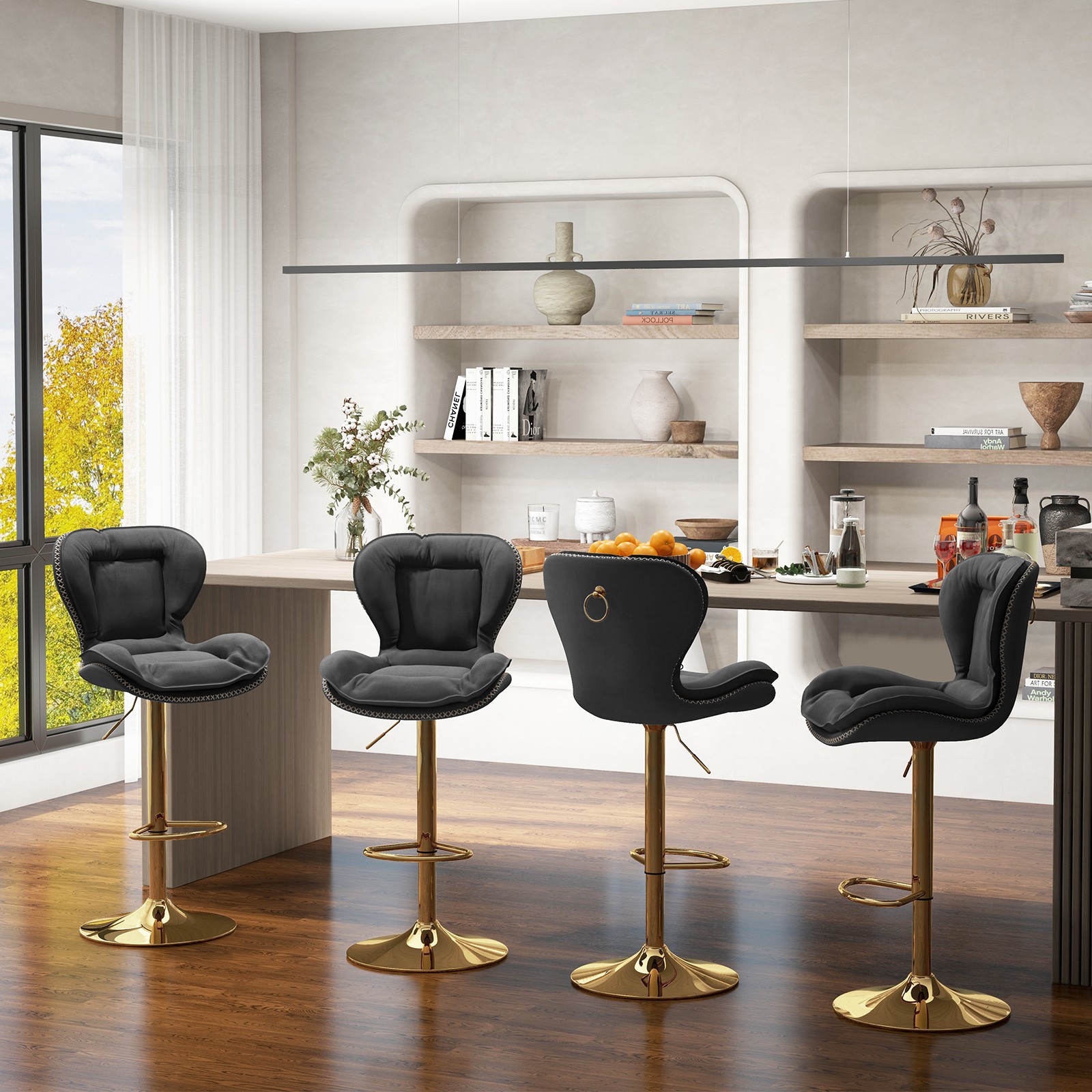 Set of 2 Leathaire Bar Chairs Adjustable Bar Stool with Padded Seat & Footrest