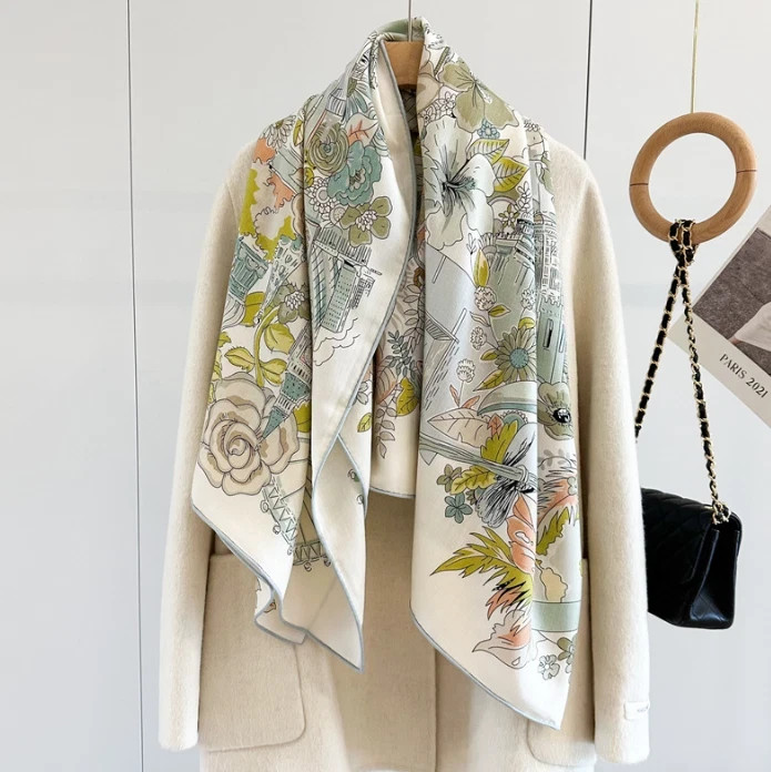 70% Cashmere 30% Silk Wrap Scarf Green garden Print Double Face Print Shawl 53''