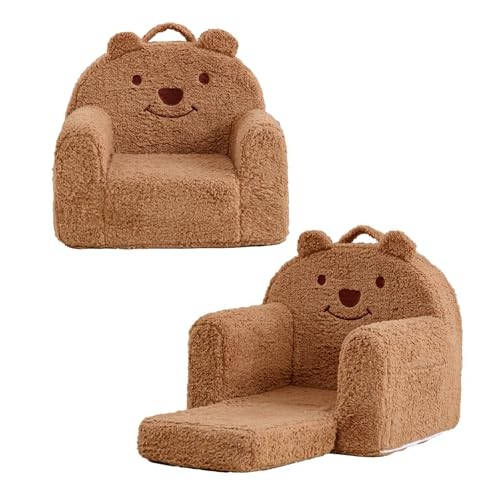 Toddler Chair,Sherpa Bear Toddler Couch Fold Out,Children Reading Brown