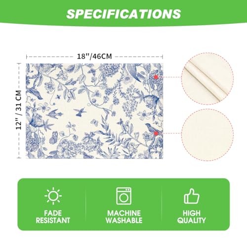 Hydrangea Flowers Branches Chinoiserie Spring 12" x 18", Rectangle 4 Pcs Blue