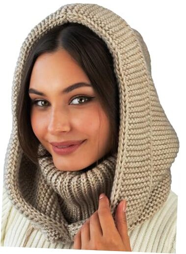 Knit Hooded Scarf for Women - Wool Balaclava Hood Detachable One Size Beige
