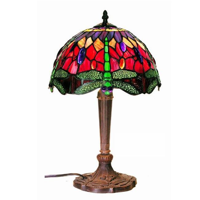 Tiffany Lamp Table Lamp Dragonfly Design in Red Glass and Metal Base Set of 1