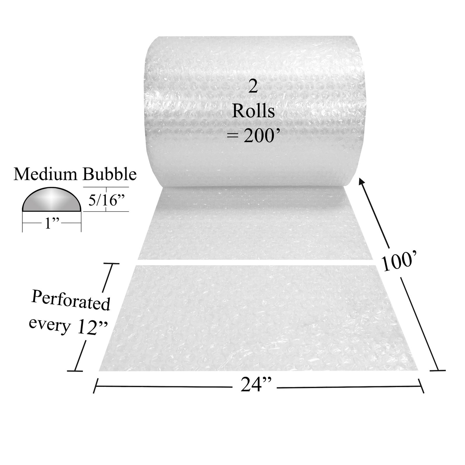 UOFFICE Medium Bubble Roll 24" Wide x 200' - 5/16" Size Bubbles