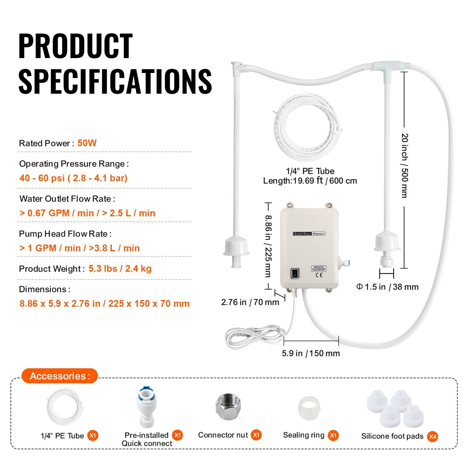 Dual 5 Gallon Water Pump for Fridge, Coffee Maker, Ice Machine