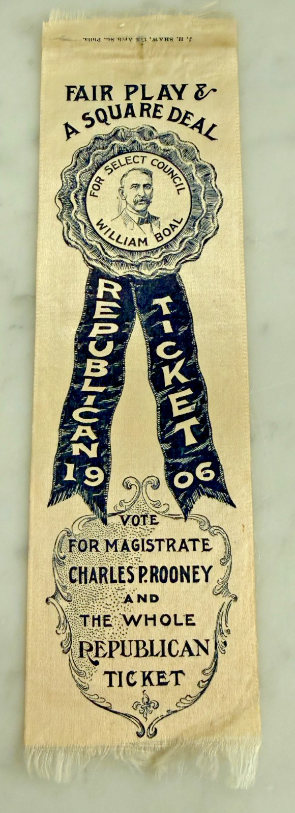1906 Republican Campaign Ribbon – William Boal Charles Rooney Political Silk